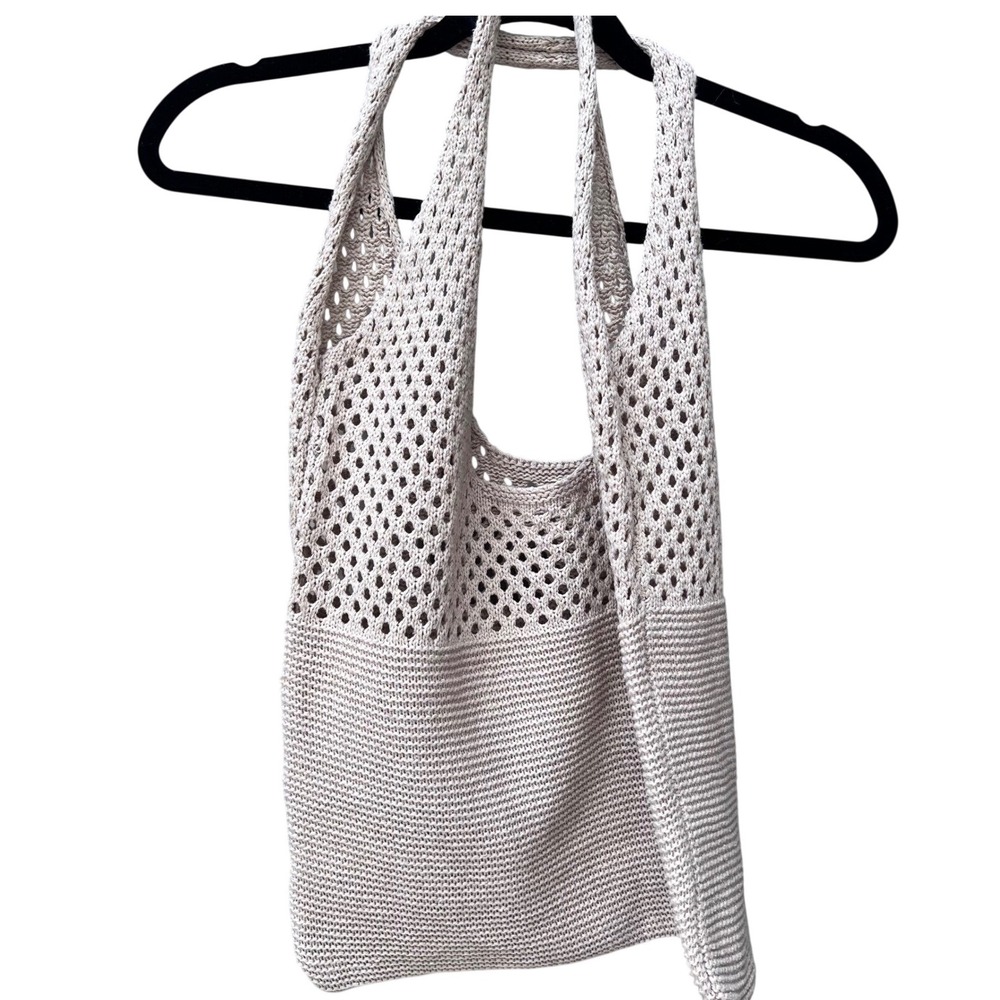 Beige Crochet Knit Mesh Tote Bag Boho Market Beach Shoulder Bag, multiple styles